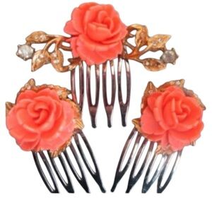 Bridal Spring Rose Hair Combs Coral Floral Statement Accessories NWT